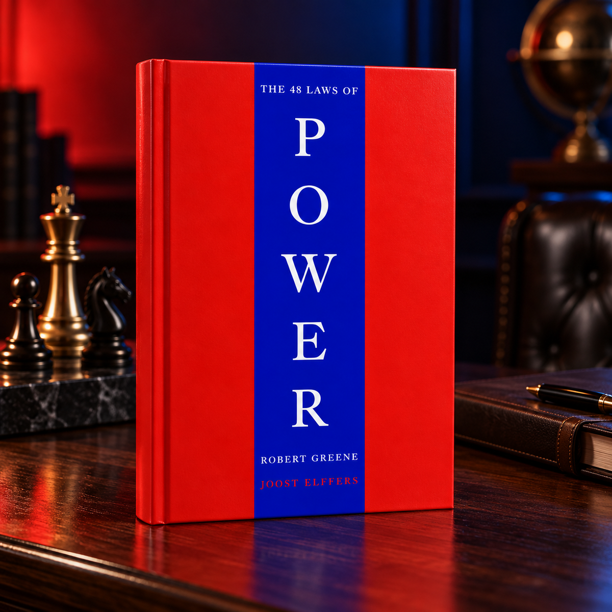 The 48 Laws of Power hardcover on an executive desk with chess pieces