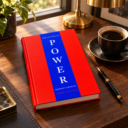 The 48 Laws of Power hardcover beside coffee on a premium reading desk