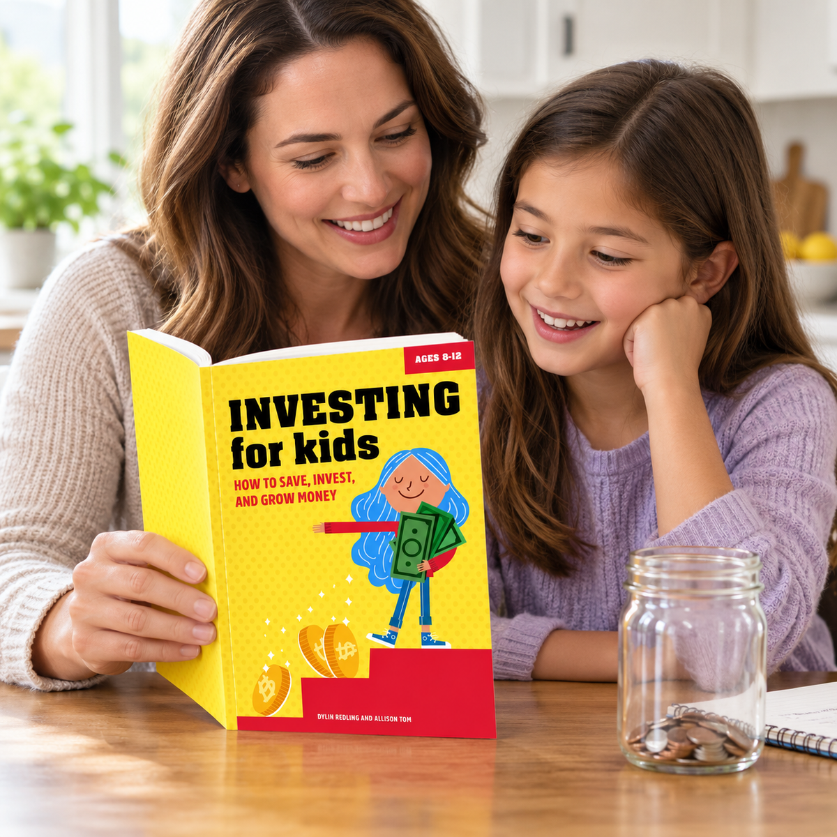 Parent and child reading Investing for Kids together at a kitchen table