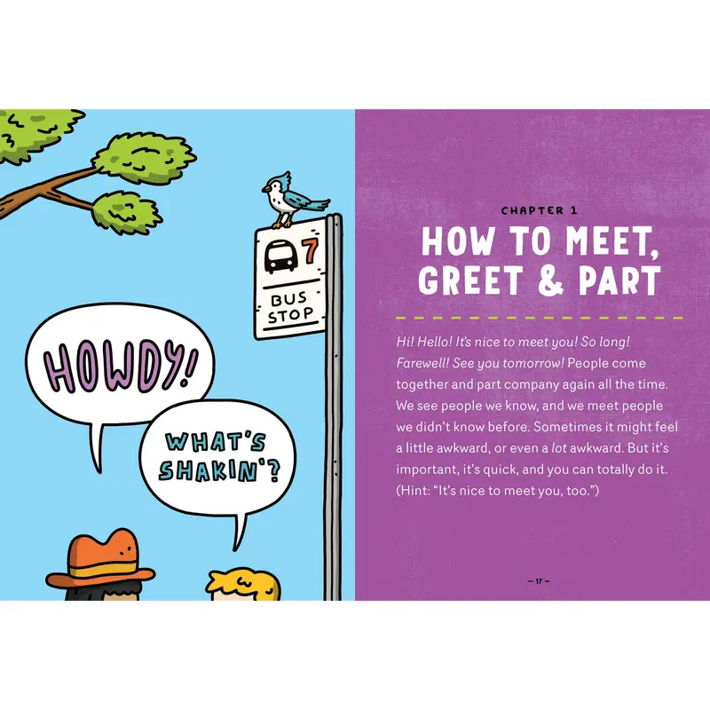 Inside pages teaching children how to meet, greet, and part